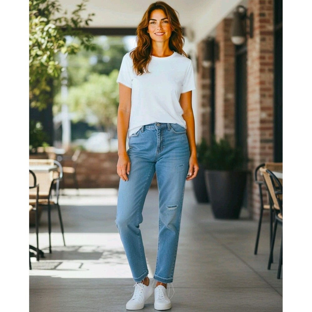 Talbots Flawless Slim Ankle Jeans Womens Size 14 Long Blue Distressed Frayed Hem